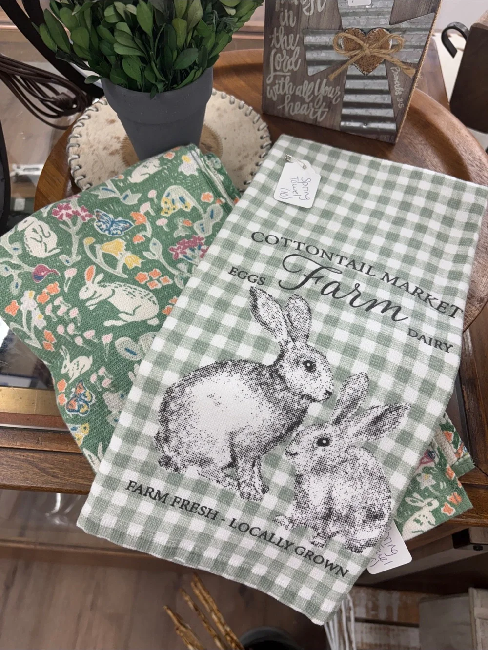 Farm Bunny Check Kitchen Towel - Green